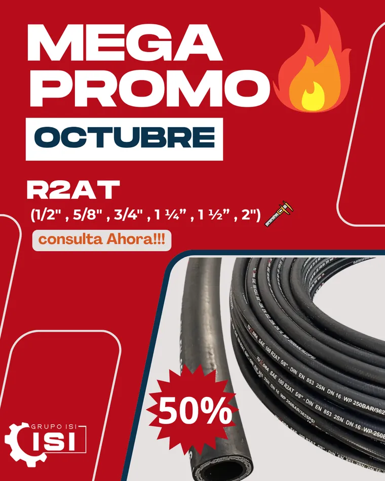 Mega promo: manguera R2AT en 1/2", 5/8", 3/4", 1 1/4", 1 1/2" y 2" con 50% de descuento. Consultá ahora.