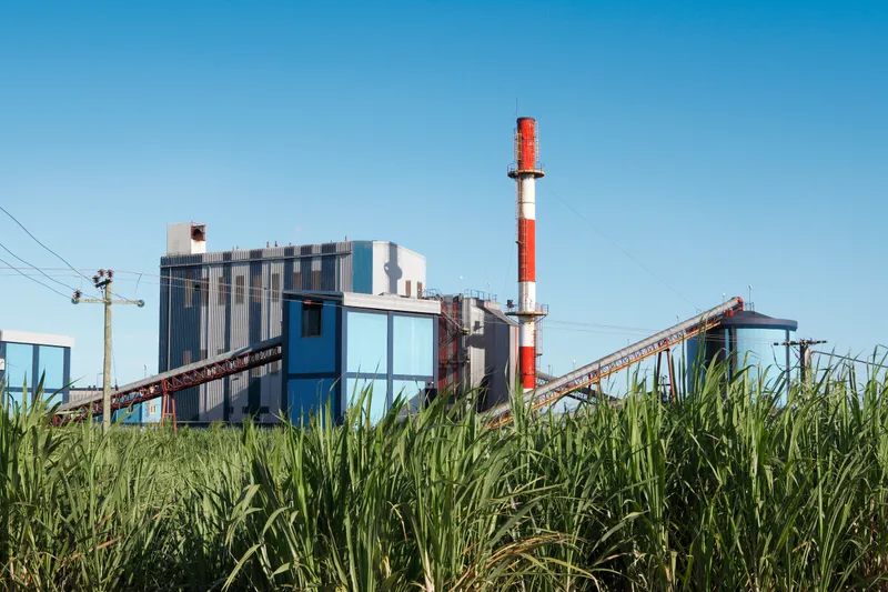 Planta industrial de un ingenio junto a un cañaveral