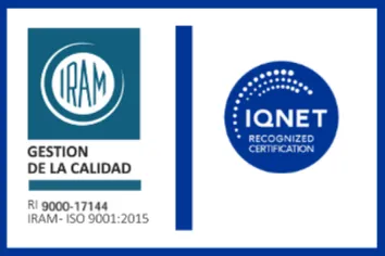 Sellos de IRAM (Gestión de la calidad, RI 9000-17144, IRAM-ISO 9001:2015) e IQNet Recognized Certification